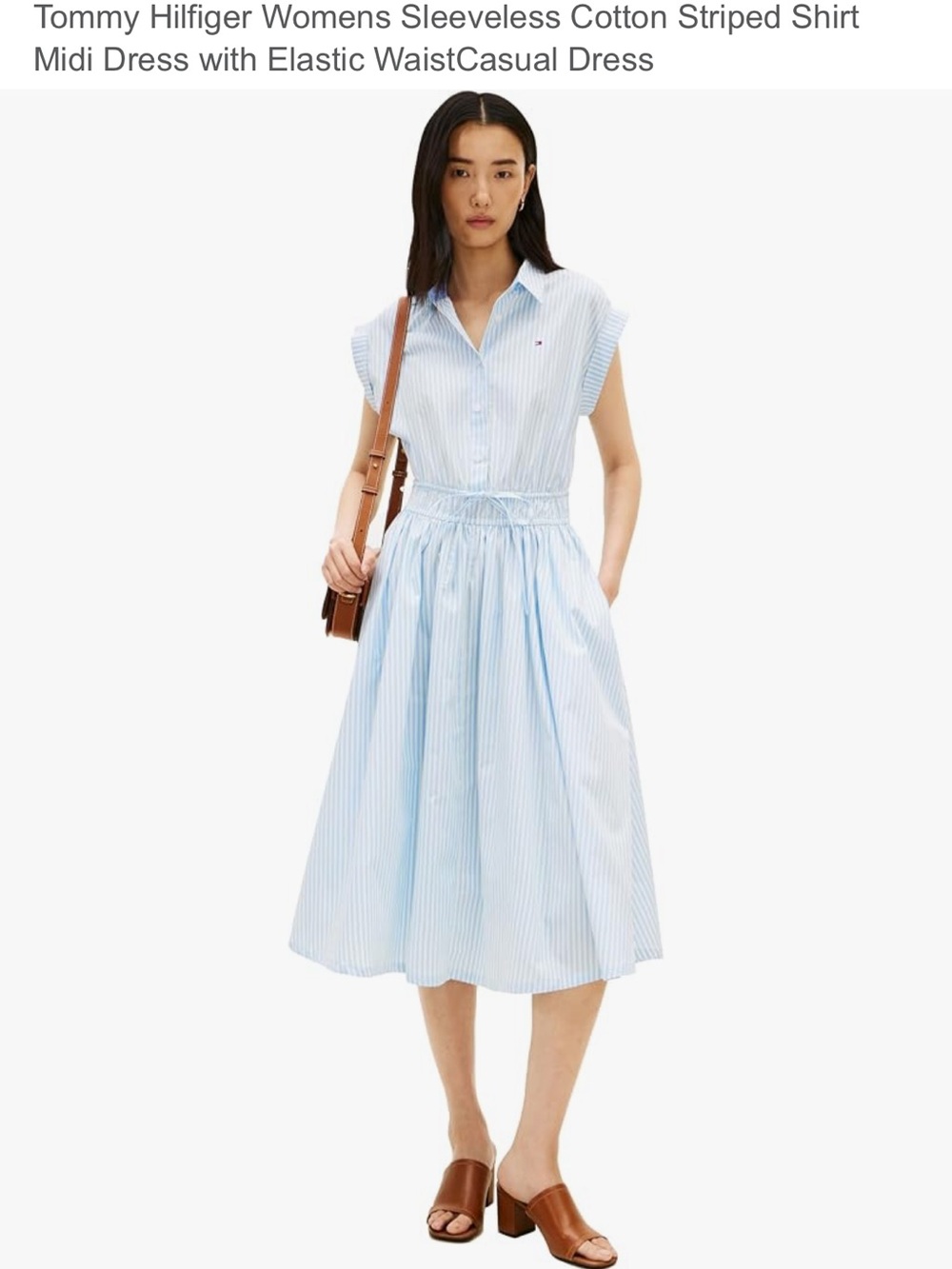 Tommy Hilfiger Blue & White Striped Sleeveless Cotton Midi Dress